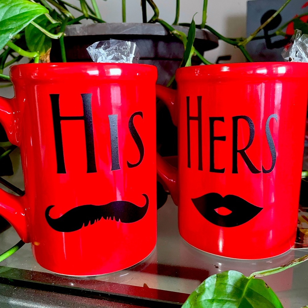 Personalized HIS & HERS mugs in red with permanent vinyl decals.